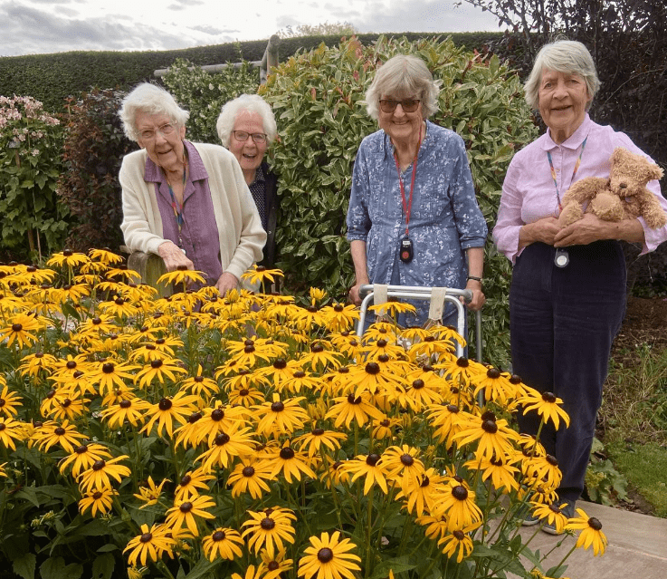 Summerlands | an image showing our residents in our gardens surrounded by sunflowers