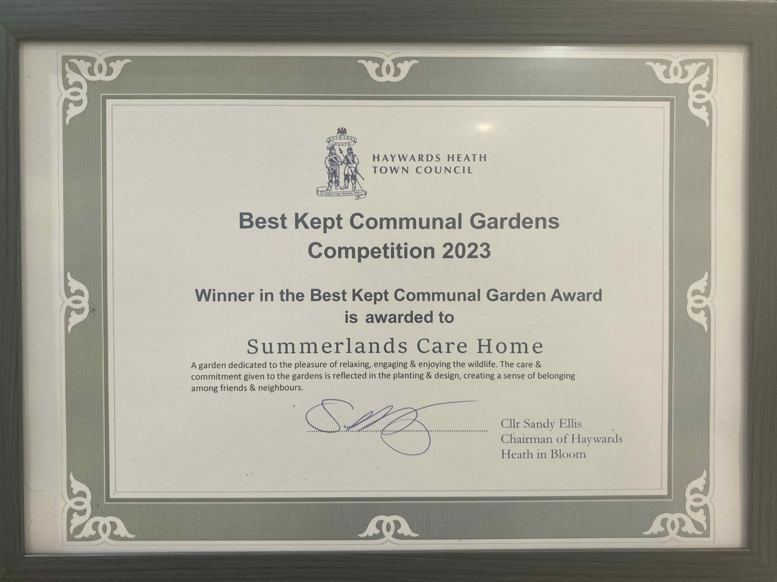 Summerlands | image showing our best kept communal gardens 2023 certificate